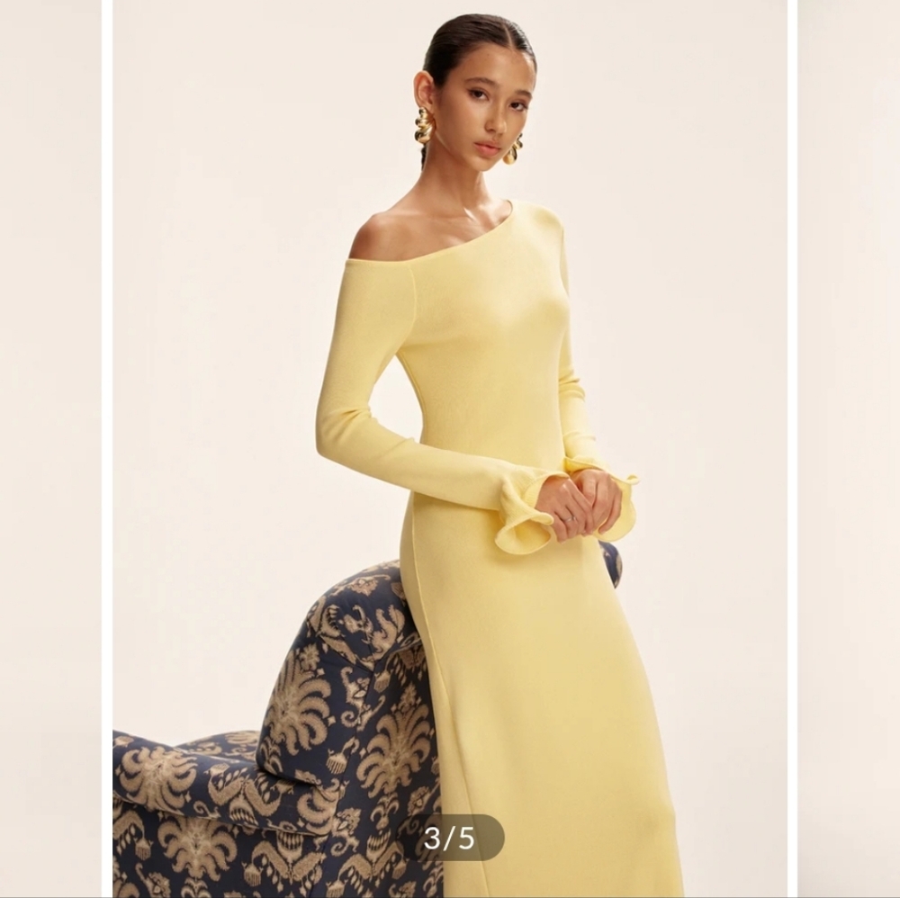 Commense Lemon Yellow One-Shoulder Long Sleeve Midi Dress - Picture 2 of 4